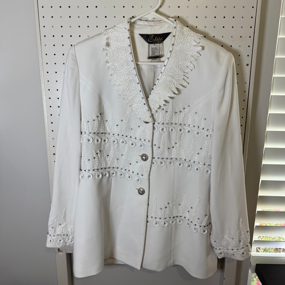 Elite Champagne Jacket Women's 8 White Embellished Beads 3-Button‎ Long Sleeve